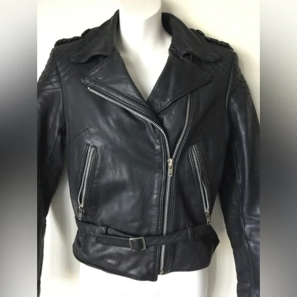 VTG Harley Davidson Leather Moto Jacket Black Motorcycle Cinch Back Women 34 - Picture 4 of 16